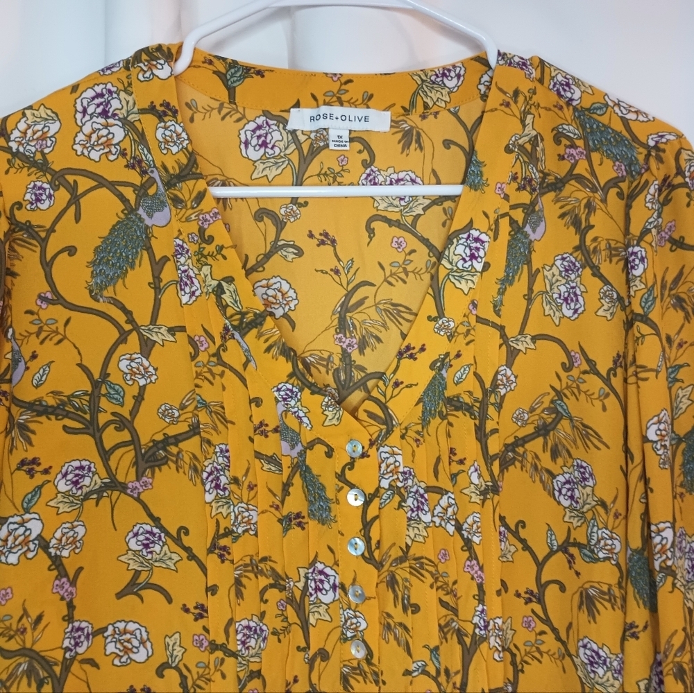 Rose Olive 1X Peacock Floral Peasant Blouse Top Mustard Yellow Button Flowy Boho - Picture 3 of 13